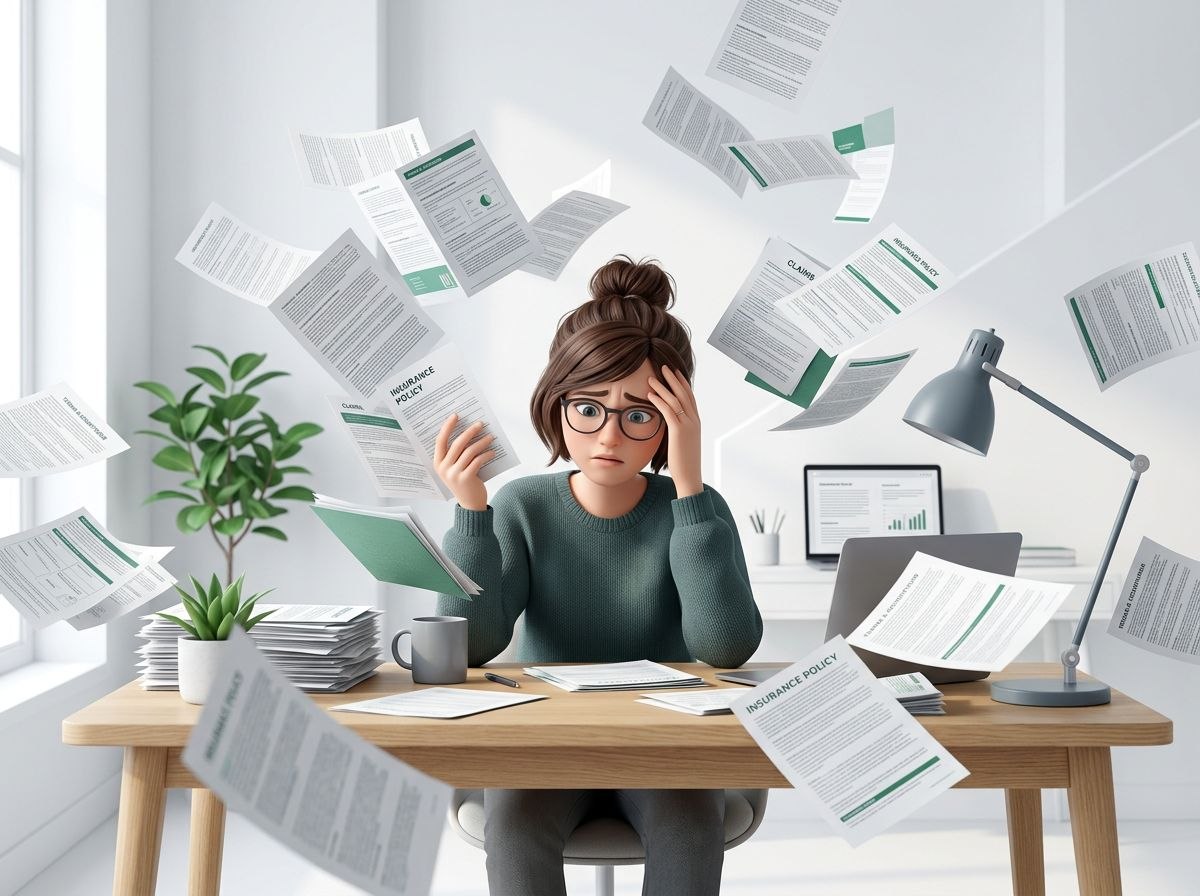 Person overwhelmed by scattered insurance documents and fine print